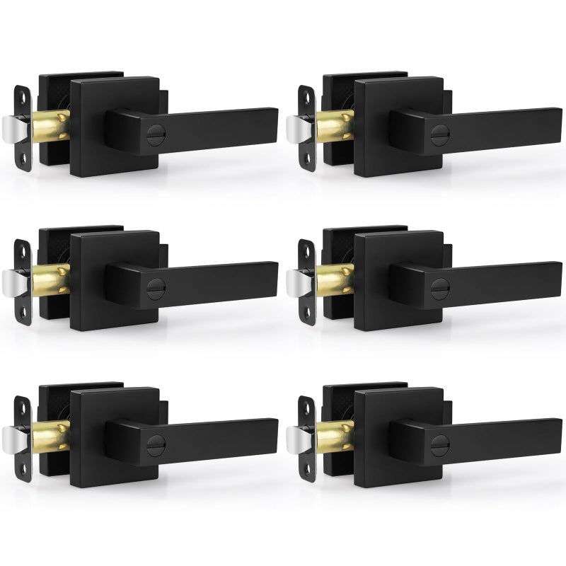 Estmoon 6 Pack Matte Black Door Handle  Keyless Interior Door Knobs Square Privacy Door Levers Heavy Duty Door Locks for Bedroom Bathroom  Reversible Interior Handles for Left & Right Handled Doors - Image 1